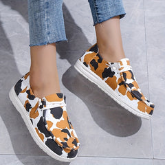 Cow Printed Flat Loafers Round Toe Lace Up Walking Sneakers