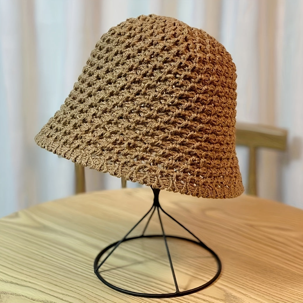 Solid Cloche Hat Hollow Crochet Bucket Hat for Spring & Summer