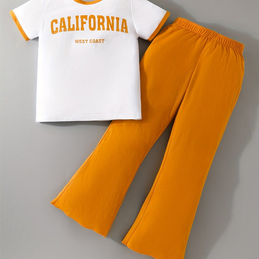 2pcs Girls Letter Graphic T Shirt & Flare Leg Pants Set Kids Summer Clothes