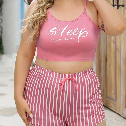  Letter Print Cami Crop Top & Striped Shorts Set