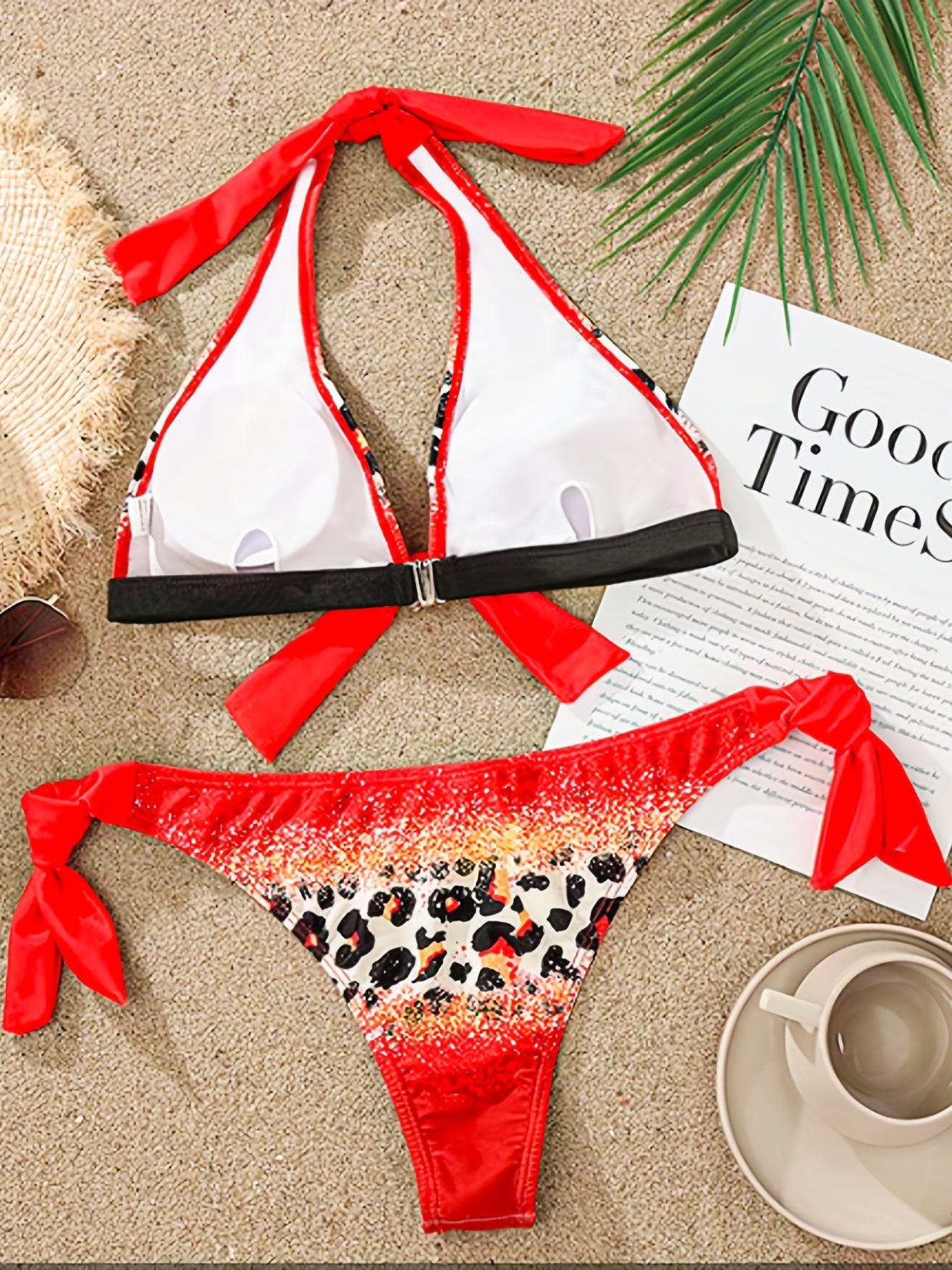 Leopard Print Bikini Set Halter V Neck Back Buckle Backless Tie Side High Cut