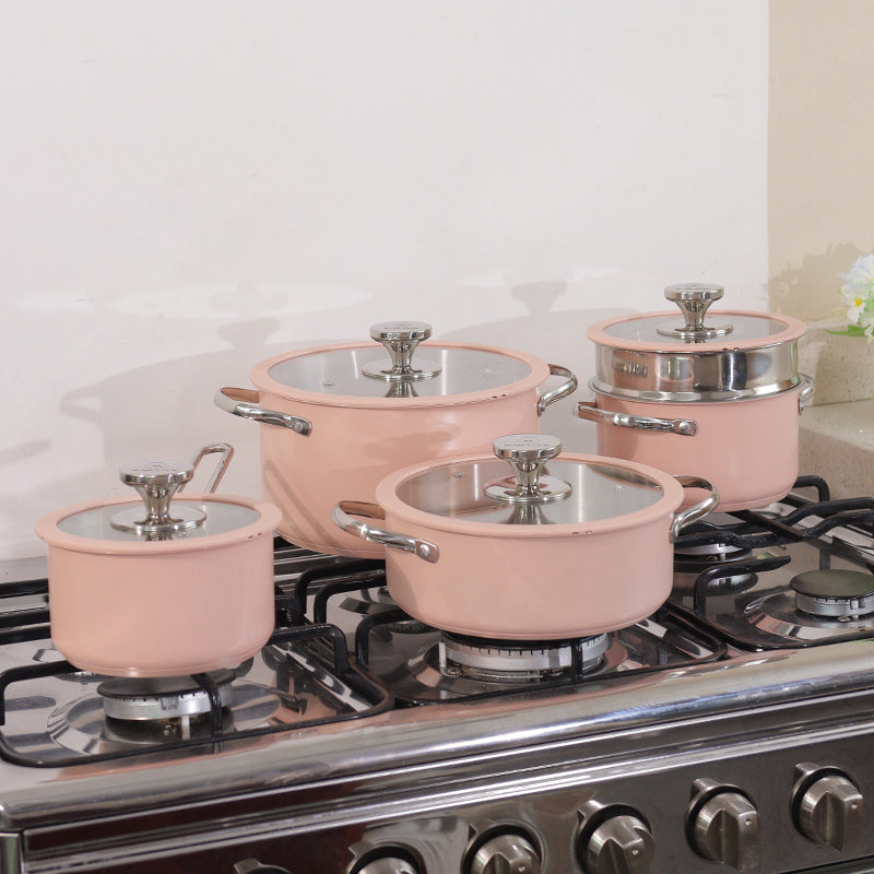 4pcs Stainless Steel Cooking Pot Set Beige Pink Green Ceramic Spray