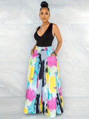  Colorblock Wide Leg Trousers With Pockets