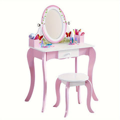 Girls Vanity Set with Mirror and Stool 2 in 1 Top Rotatable Mirror