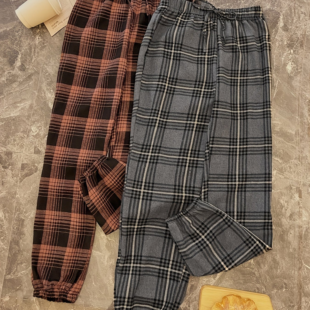 2pcs Plaid Sleep Bottoms Elastic Waistband Pants Women's Sleepwear