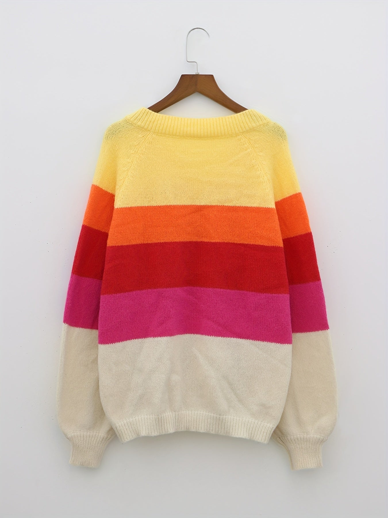  Colorblock Stripe Lantern Sleeve V Neck Sweater