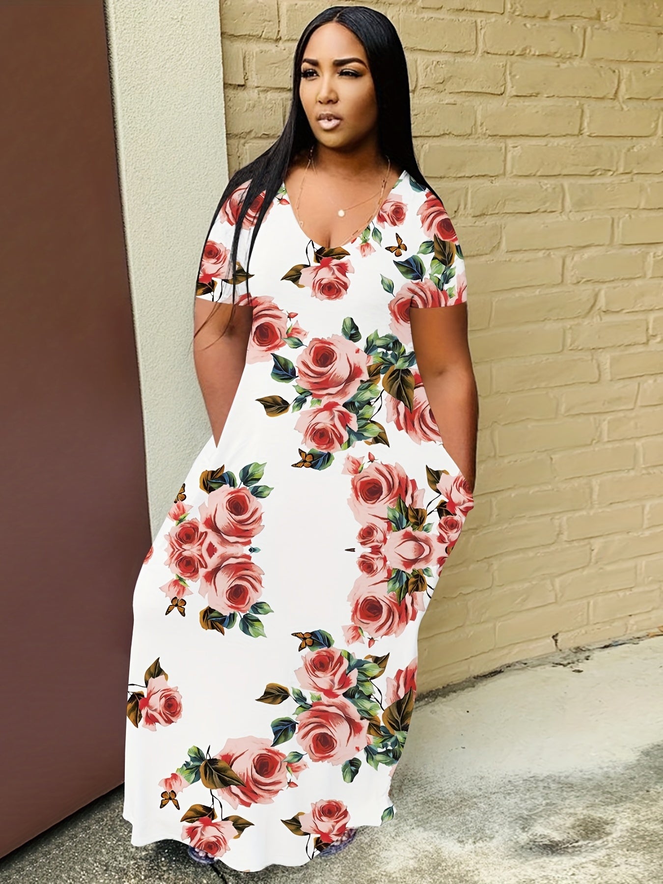 Floral Print Round Neck Short Sleeve Maxi Dress With Pockets