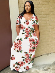 Floral Print Round Neck Short Sleeve Maxi Dress With Pockets
