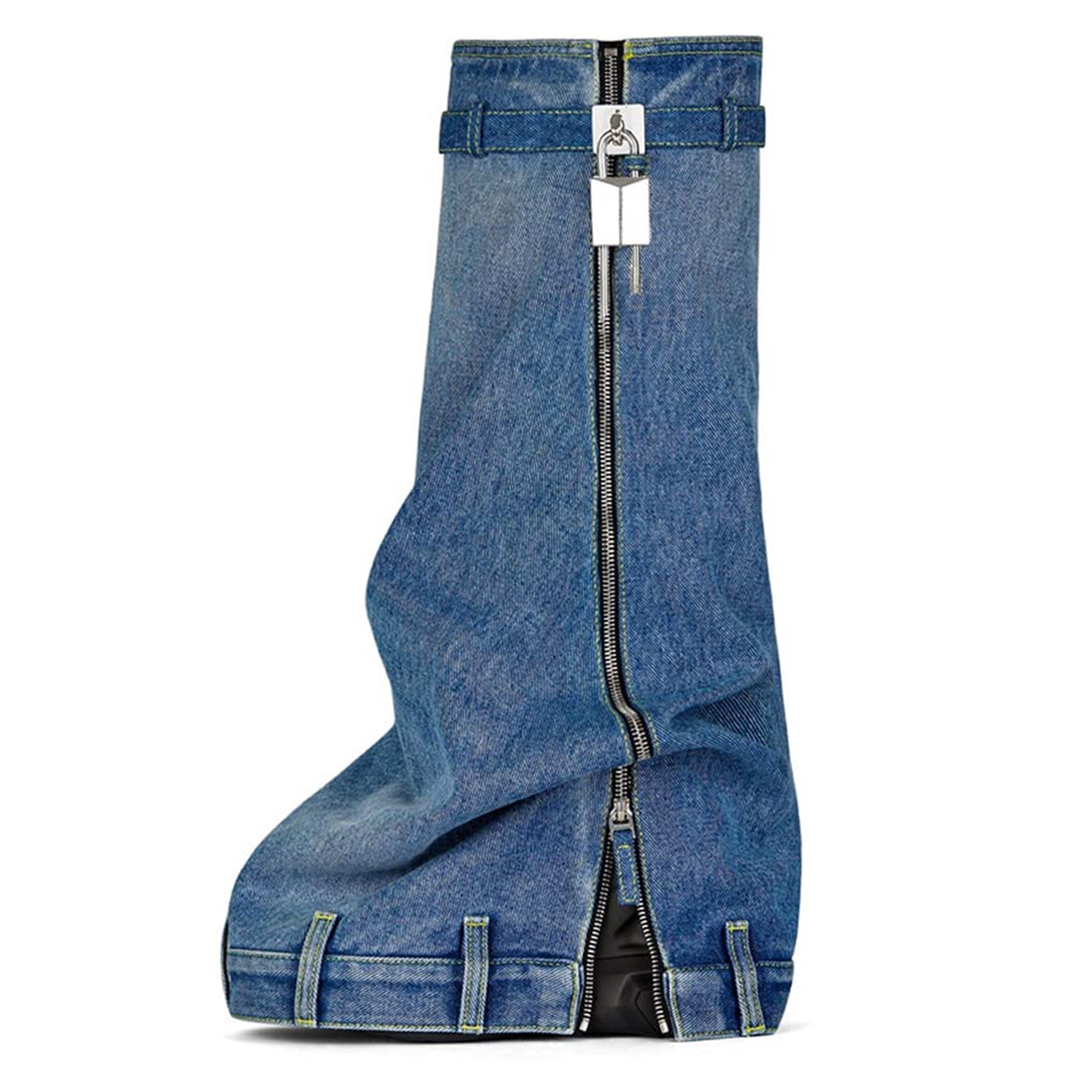 Women's Padlock Decor Fold Long Boots Mid Calf Wedge Denim Platform