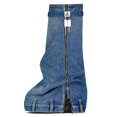 Women's Padlock Decor Fold Long Boots Mid Calf Wedge Denim Platform