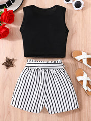 Girls Sleeveless Crop Tank Top & Stripes Shorts Set Kids Summer Clothes