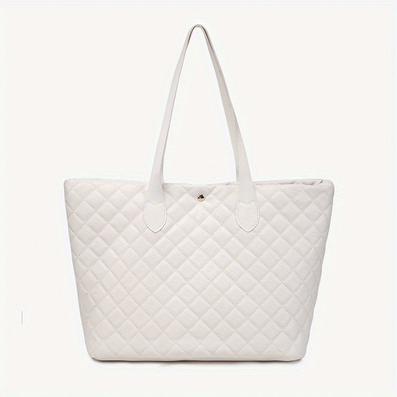 Argyle Quilted Tote Bag Large Capacity Stylish PU Leather Handbag