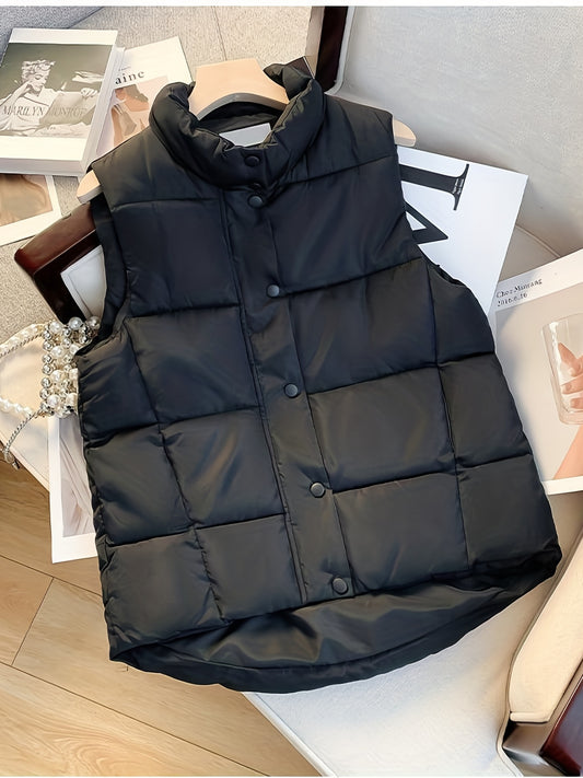Button Front Puffy Jacket Sleeveless Fall Winter Women's Clothing