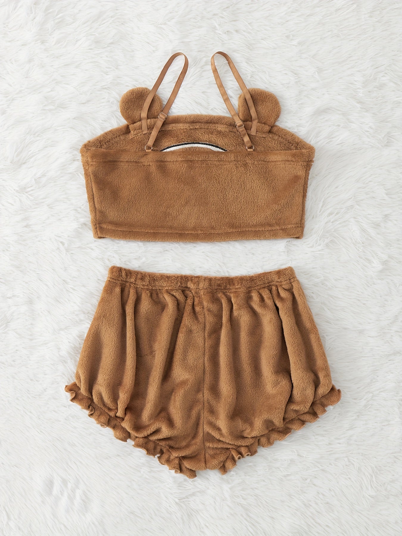 Cartoon Print Pajama Set Flannel Cami Top & Ruffle Shorts
