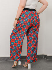  Plaid Print Drawstring Wide Leg Pants