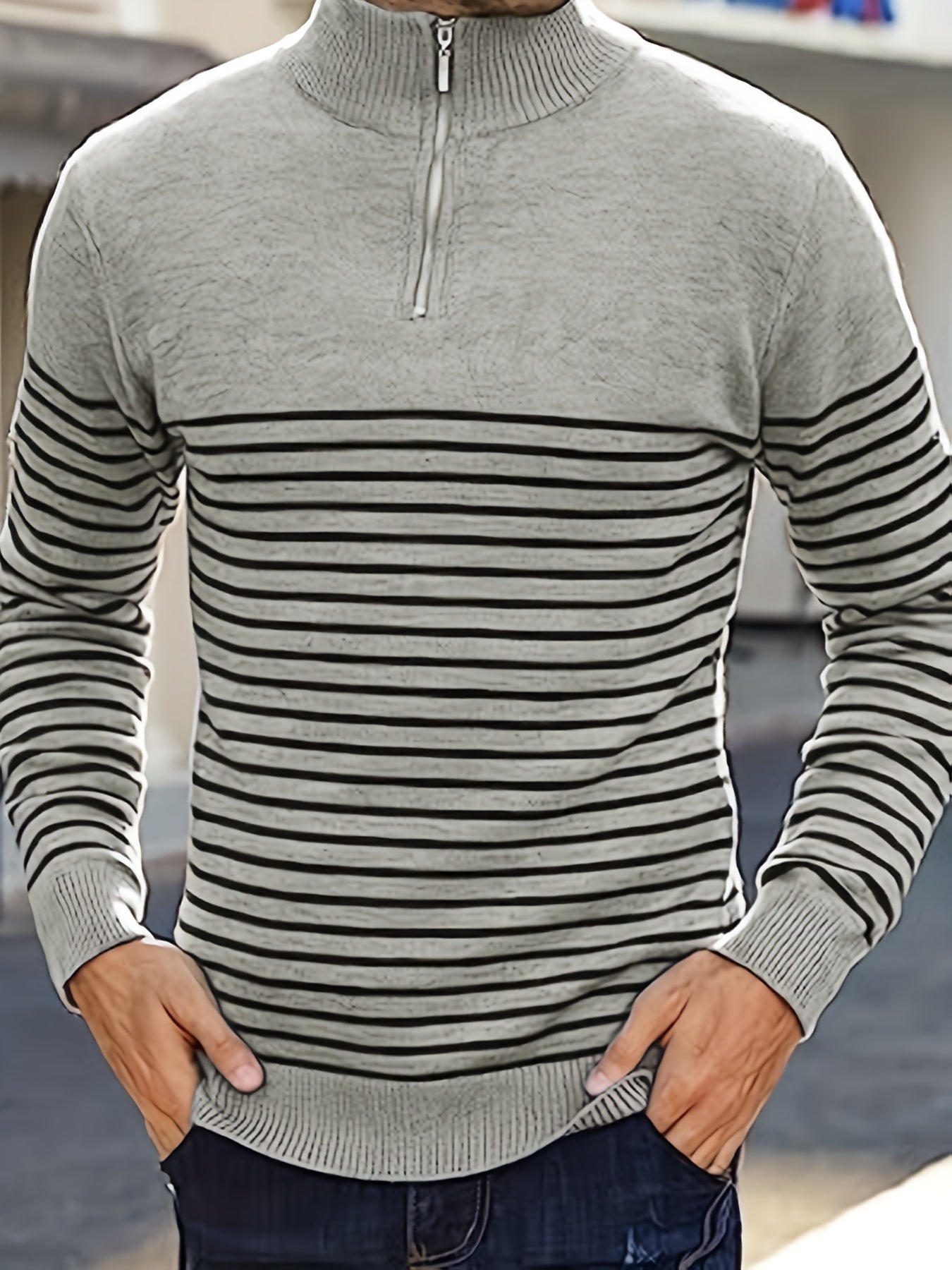 Striped Polo Shirt V Neck Pullover Sweater Men