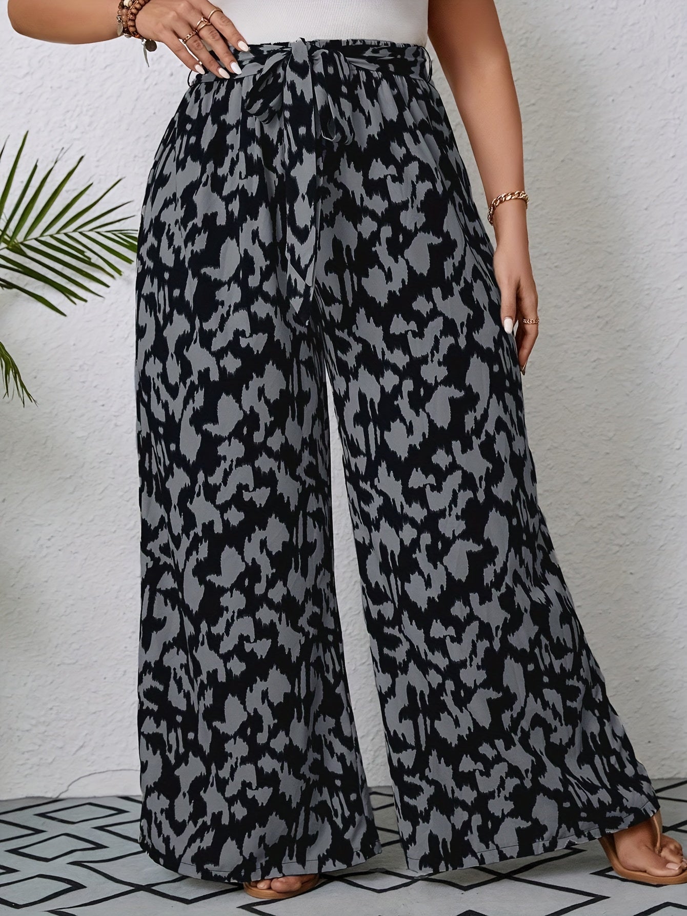  Leopard Print Wide Leg Trousers with Belt