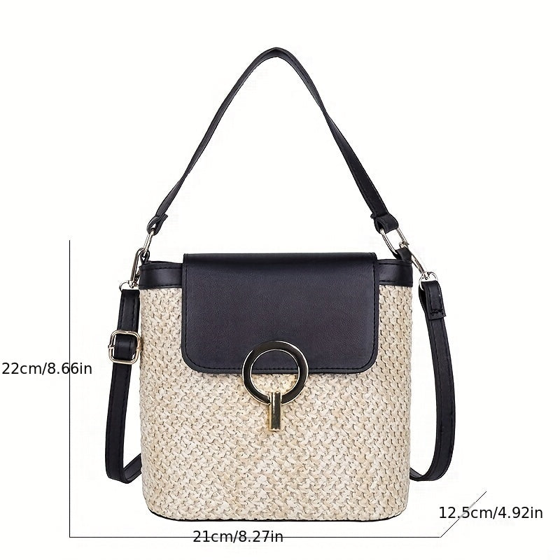 Straw Weaving Crossbody Bag Flap Slouchy Bucket Bag