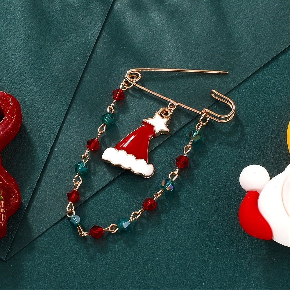 Christmas Hat Chain Pin Festive Holiday Red Gold Green Rhinestone Brooch