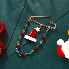 Christmas Hat Chain Pin Festive Holiday Red Gold Green Rhinestone Brooch
