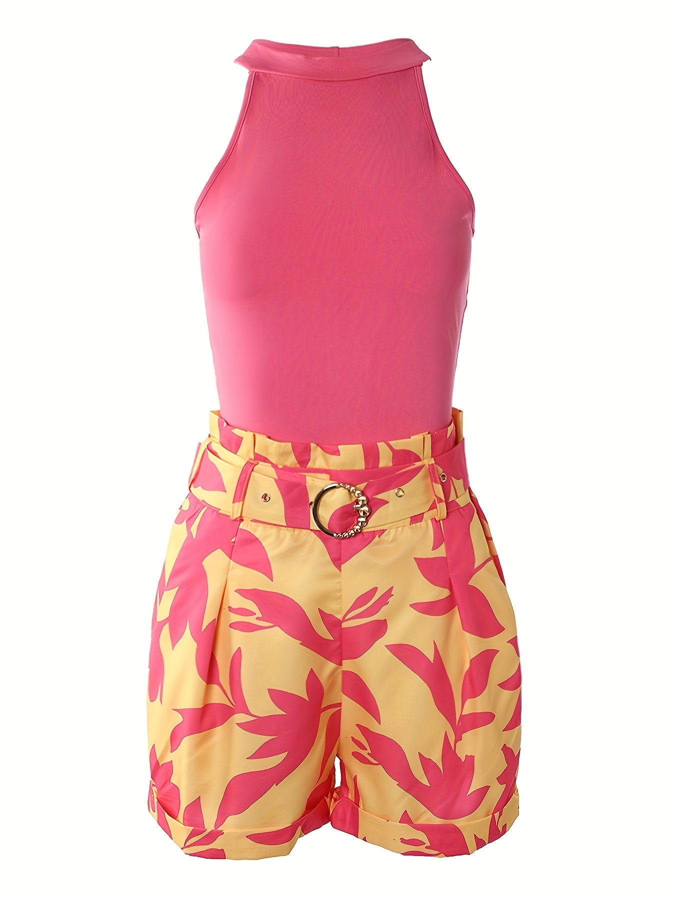 Spring/Summer 2pc Set Sleeveless Top Floral Print Ruched Shorts Outfit
