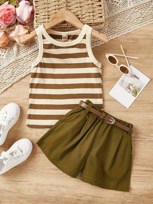 3pc Toddler Girls Striped Tank Top & Shorts Set Kids Summer Clothes