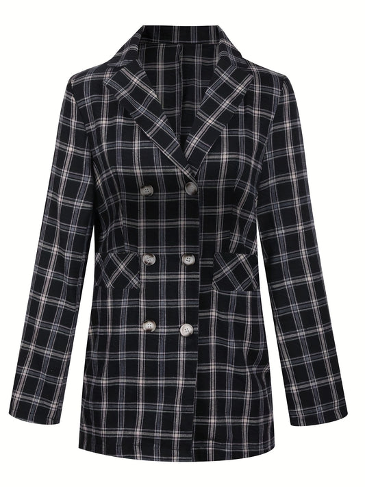 Plaid Double Breasted Lapel Neck Blazer Long Sleeve Casual Blazer