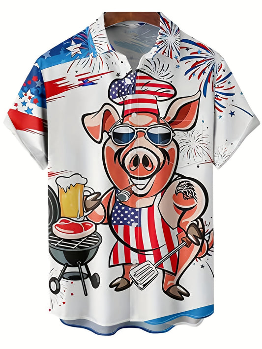 Funny Cartoon Pig Men's Short Sleeve Shirt with American Flag Print