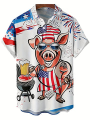 Funny Cartoon Pig Men's Short Sleeve Shirt with American Flag Print