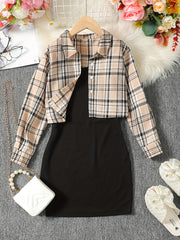 2pcs Girls' Cami Dress Plaid Crop Jacket Set