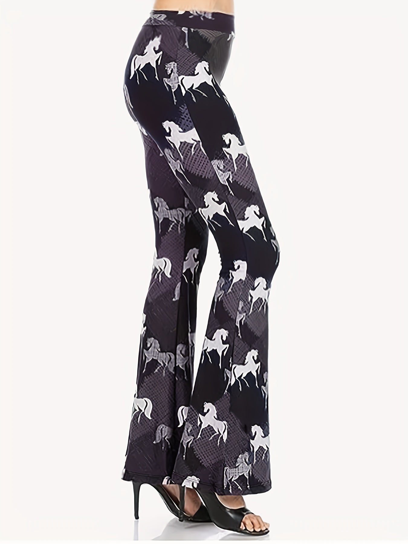  Women's Allover Horse Print High Rise Flared Leg Trousers