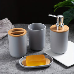 4-Piece Gray Bathroom Set - Lotion Pump, Toothbrush Holder, Tumbler, Soap Dish