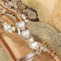Women's Heart Faux Pearl Flat Sandals Elastic Strap Summer Vacation Shoes