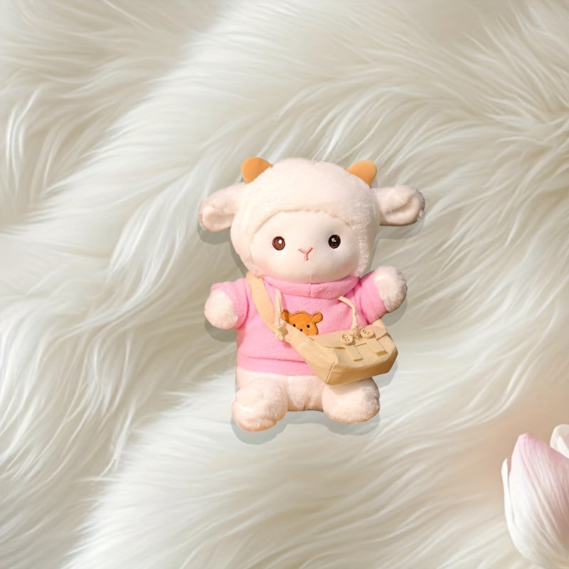 7.87in Plush Lamb Doll with Brown Horns & Bear Pattern Clothes Shoulder Bag