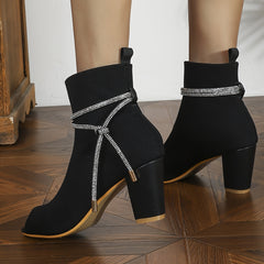 Women's Rhinestone Ankle Stretch Boots Chunky Heel Slip On Comfortable Booties