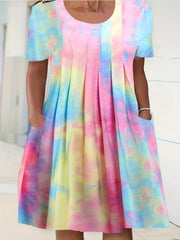  Tie Dye Short Sleeve Pleated Dress With Pockets