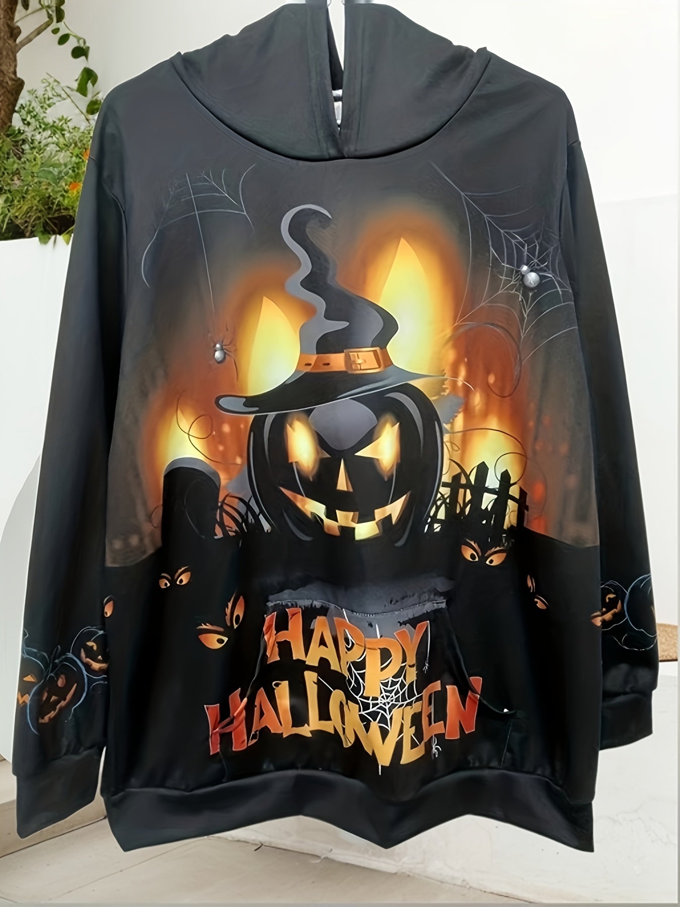  Halloween Sports Top Women's Plus Pumpkin & Spiderweb Print