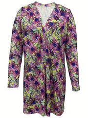  Floral Print Long Sleeve Open Front Cardigan