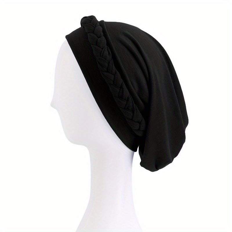 Boho Braided Turban Cap Solid Hijab Head Wrap Elastic Bonnet
