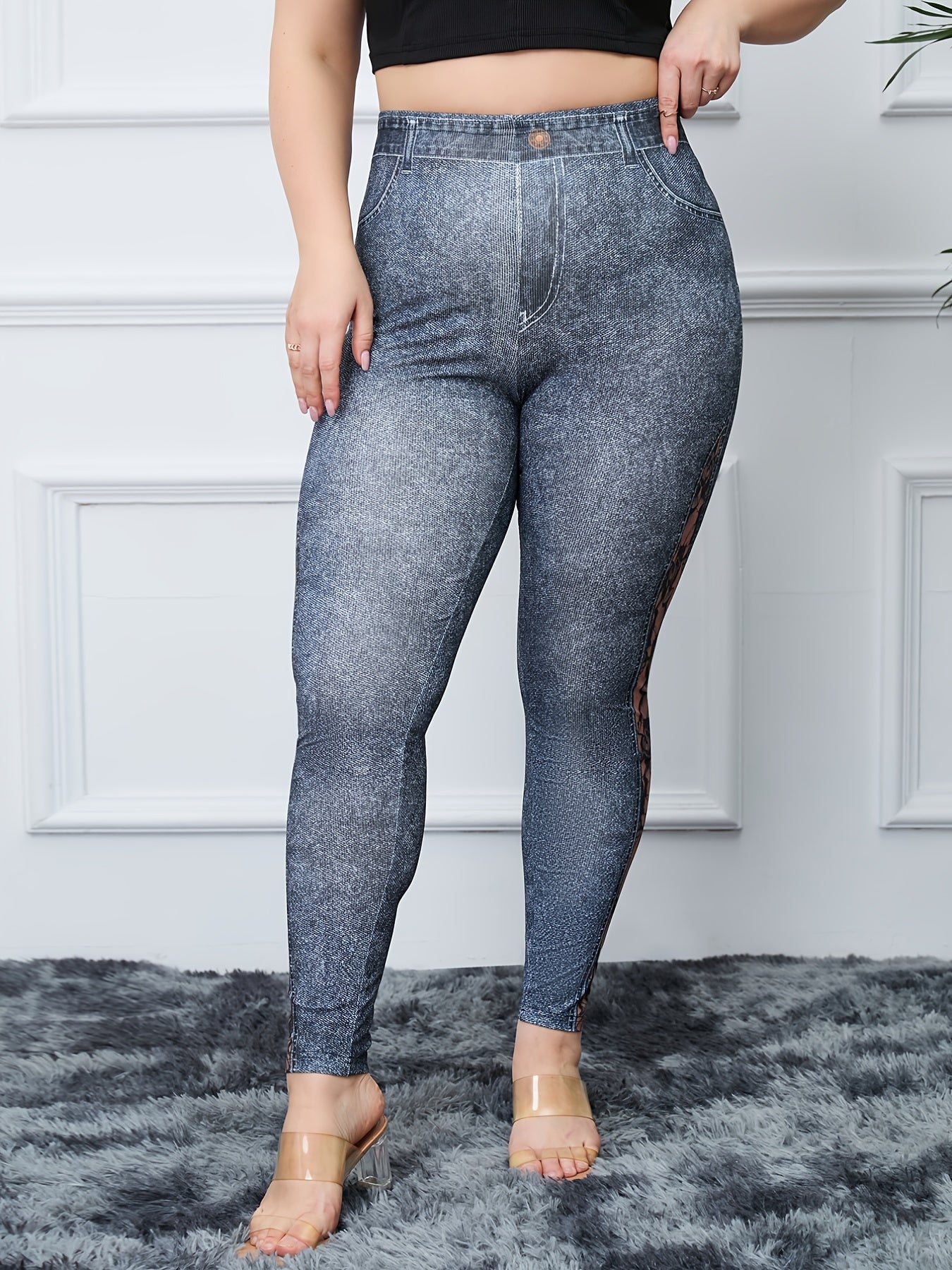  Lace Flower & Denim Print High Rise Skinny Leggings Women's Plus