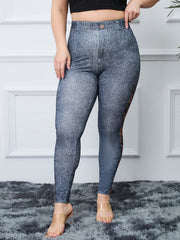  Lace Flower & Denim Print High Rise Skinny Leggings Women's Plus