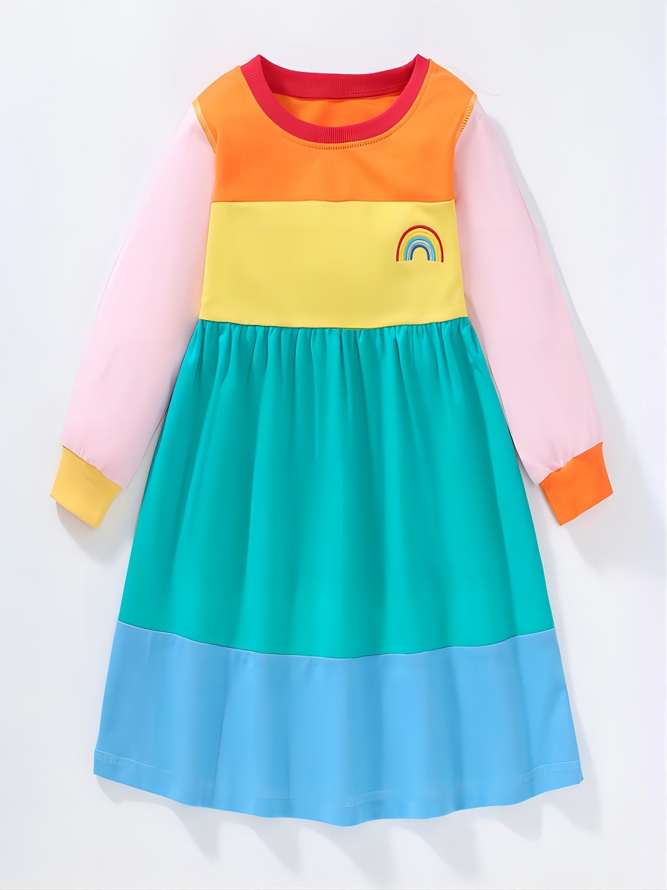 Girls Rainbow Block Long Sleeve Princess Dress