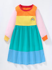 Girls Rainbow Block Long Sleeve Princess Dress