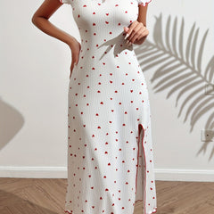 Heart Print NightDress Short Sleeve Split Pajama Dress