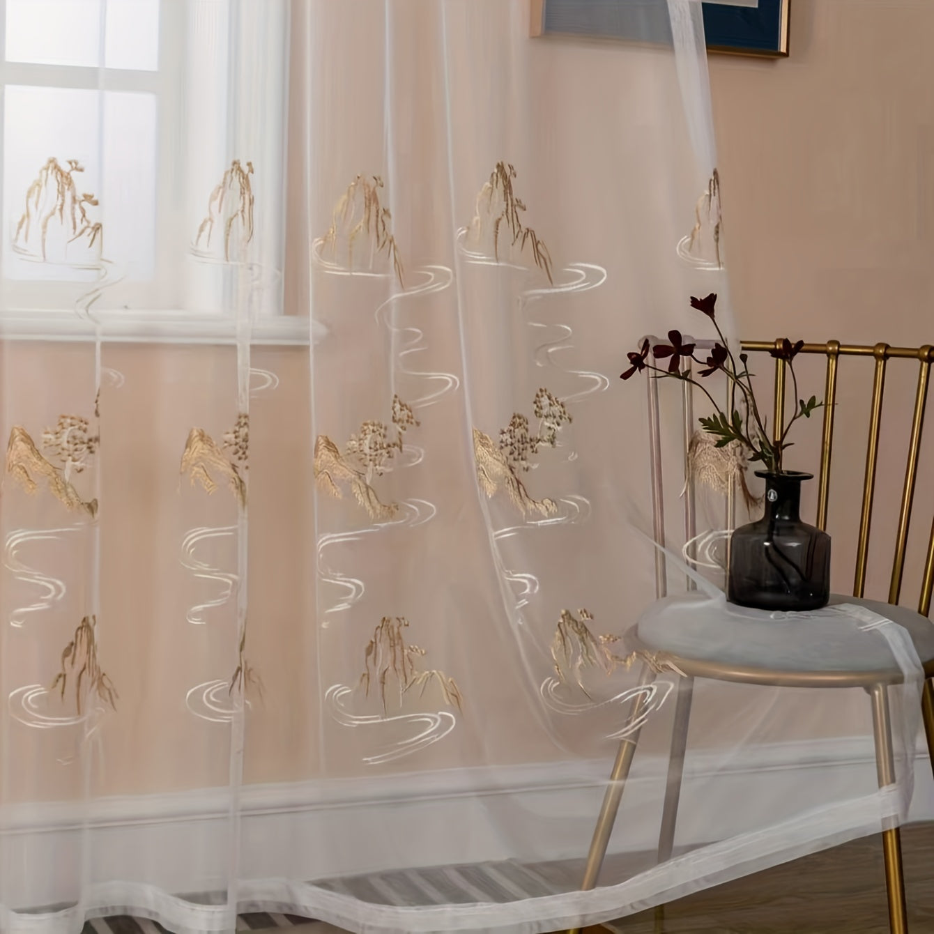 Panel Light Filtering Sheer Curtain Landscape Painting Artistic Sheer Curtain