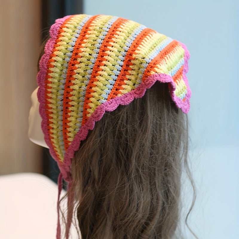 Rainbow Crochet Triangle Scarf & Headband Set for Women