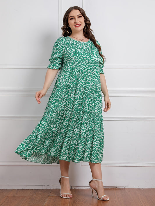 Floral Print Plus Size Maxi Dress Round Neck Long Dress