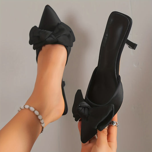 Women's Bowknot Kitten Heels Satin Mule Sandals