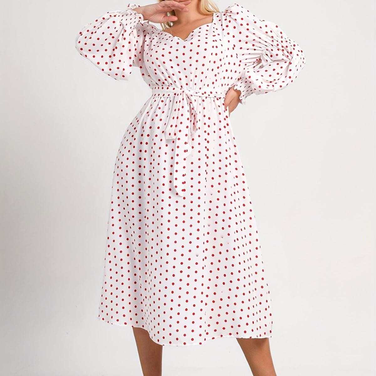  Boho Dress Polka Dot Sweetheart Neck Dress
