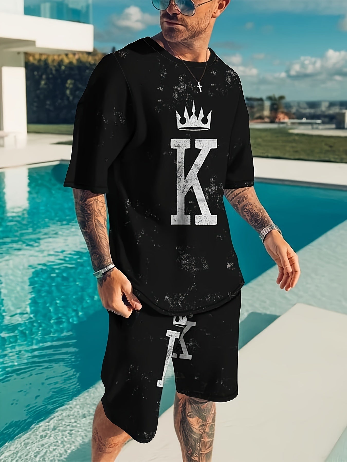 Crown & Letter K Mens 2 Piece Outfits T-shirt & Shorts Set